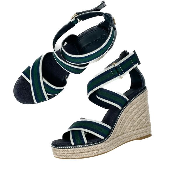 Tory Burch Frieda Green Navy White Stripe Canvas Leather Espadrilles size 9.5 - Picture 13 of 13